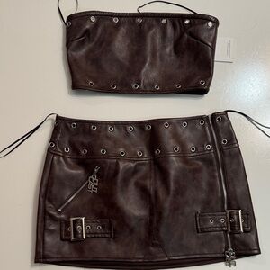Outcast Brand New Brown Leather Skirt with Eyelet Details